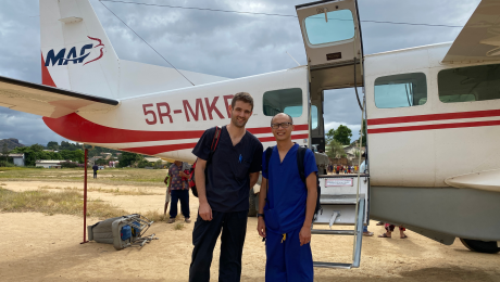 Doctors Jeshiah and Joel in Mandritsara in front of MAF plane